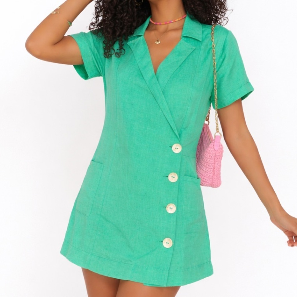 Show Me Your Mumu Seafoam Green Linen Blazer Romper XS
